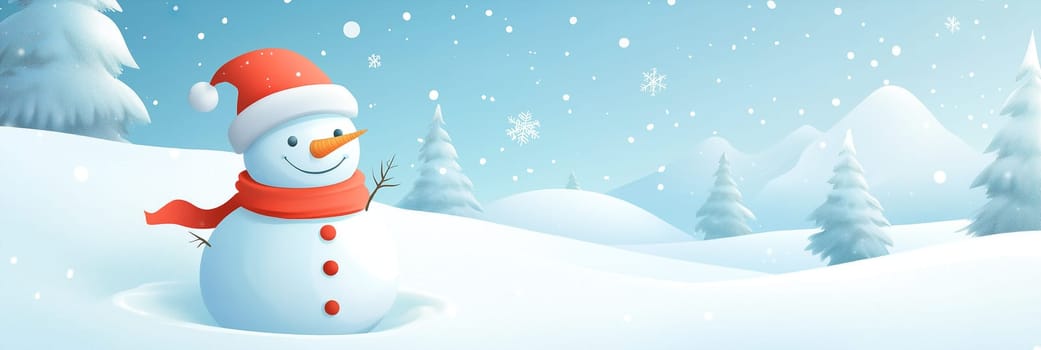 Happy smiling snowman with a wool hat and scarf in a snow covered landscape, christmas holiday, winter season