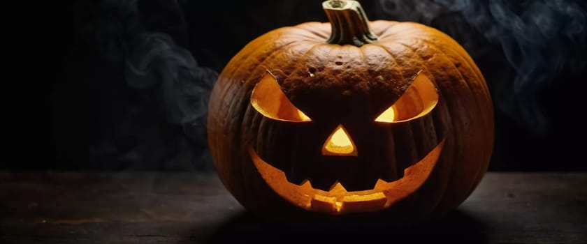 A carved Halloween pumpkin features a menacing face illuminated from within, with smoke curling upward, enhancing the haunting ambiance of the evening. Generative AI.