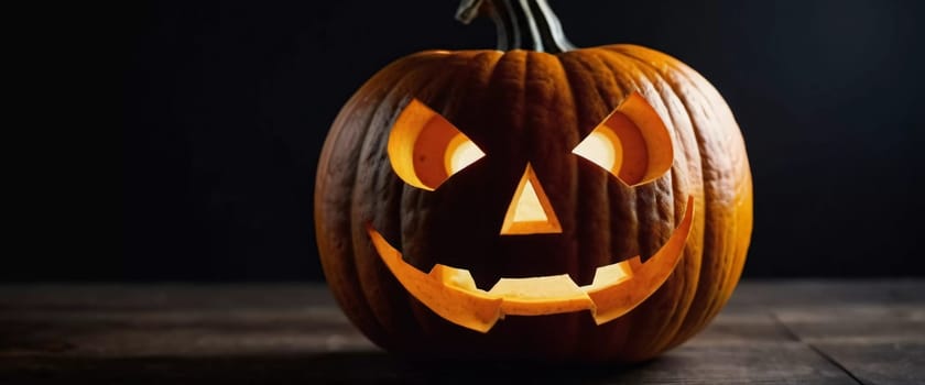 A carved Halloween pumpkin features a menacing face illuminated from within, with smoke curling upward, enhancing the haunting ambiance of the evening. Generative AI.
