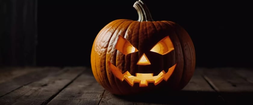 A carved Halloween pumpkin features a menacing face illuminated from within, with smoke curling upward, enhancing the haunting ambiance of the evening. Generative AI.