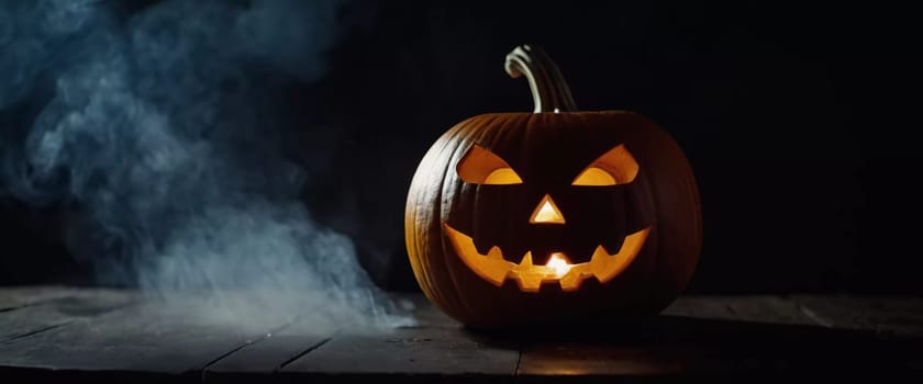 A carved Halloween pumpkin features a menacing face illuminated from within, with smoke curling upward, enhancing the haunting ambiance of the evening. Generative AI.