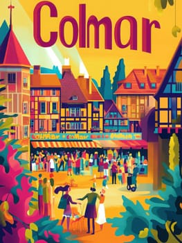 Wander through the enchanting streets of Colmar, where vibrant buildings surround bustling markets and joyful gatherings. Enjoy the lively atmosphere filled with local culture and festivities.