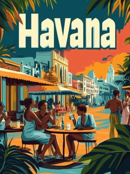 Experience the charm of Havana as friends gather at a lively cafe, enjoying drinks and conversations beneath a beautiful sunset, surrounded by tropical foliage and historic architecture.