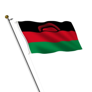 A Malawi Flagpole 3d illustration on white with clipping path rising sun red green black