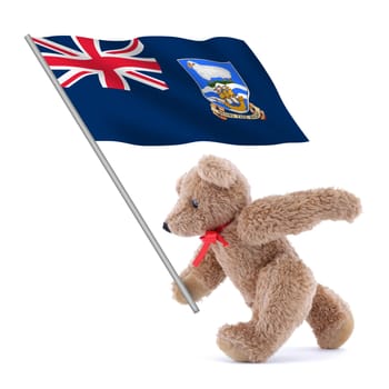 A Falkland Islands flag being carried by a cute teddy bear