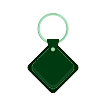 Vector leather holder trinket, pink keychain for key. Metal ring. Label of green fob for car or office. Keyring isolated on white background. Blank accessory for home. Corporate identity for brand.