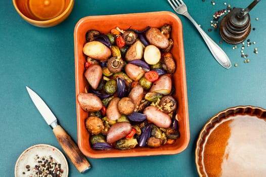Roasted brussels sprouts and potatoes, food photography. Veggie dish, healthy eating, vegetable still life.