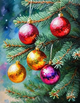 Colorful Christmas decorations adorn the branches of a spruce tree, vibrant balls in shades of red, gold, and pink, embodying holiday cheer in winter. Happy New Year art background. Generative AI.
