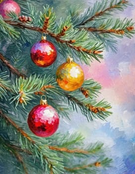 Colorful Christmas decorations adorn the branches of a spruce tree, vibrant balls in shades of red, gold, and pink, embodying holiday cheer in winter. Happy New Year art background. Generative AI.