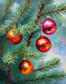Colorful Christmas decorations adorn the branches of a spruce tree, vibrant balls in shades of red, gold, and pink, embodying holiday cheer in winter. Happy New Year art background. Generative AI.