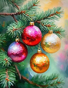 Colorful Christmas decorations adorn the branches of a spruce tree, vibrant balls in shades of red, gold, and pink, embodying holiday cheer in winter. Happy New Year art background. Generative AI.