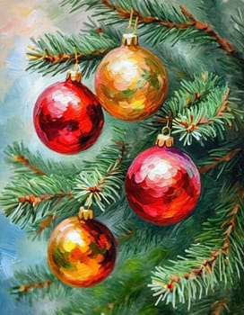 Colorful Christmas decorations adorn the branches of a spruce tree, vibrant balls in shades of red, gold, and pink, embodying holiday cheer in winter. Happy New Year art background. Generative AI.