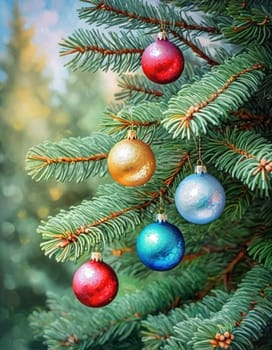 Colorful Christmas decorations adorn the branches of a spruce tree, vibrant balls in shades of red, gold, and pink, embodying holiday cheer in winter. Happy New Year art background. Generative AI.