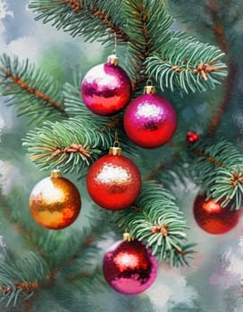 Colorful Christmas decorations adorn the branches of a spruce tree, vibrant balls in shades of red, gold, and pink, embodying holiday cheer in winter. Happy New Year art background. Generative AI.