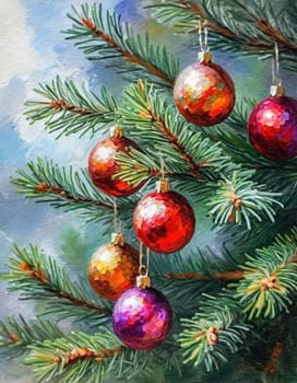 Colorful Christmas decorations adorn the branches of a spruce tree, vibrant balls in shades of red, gold, and pink, embodying holiday cheer in winter. Happy New Year art background. Generative AI.
