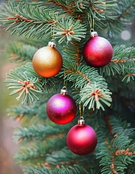 Colorful Christmas decorations adorn the branches of a spruce tree, vibrant balls in shades of red, gold, and pink, embodying holiday cheer in winter. Happy New Year art background. Generative AI.