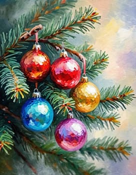 Colorful Christmas decorations adorn the branches of a spruce tree, vibrant balls in shades of red, gold, and pink, embodying holiday cheer in winter. Happy New Year art background. Generative AI.