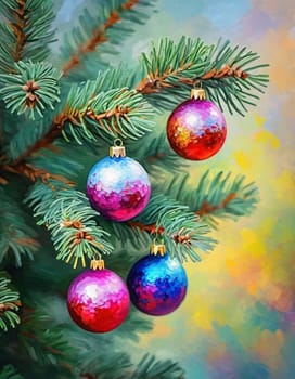 Colorful Christmas decorations adorn the branches of a spruce tree, vibrant balls in shades of red, gold, and pink, embodying holiday cheer in winter. Happy New Year art background. Generative AI.