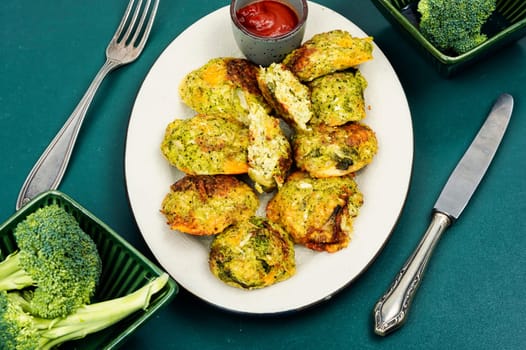Fried vegetable cutlets with white sauce. Vegan broccoli cutlets. Cabbage cutlets.