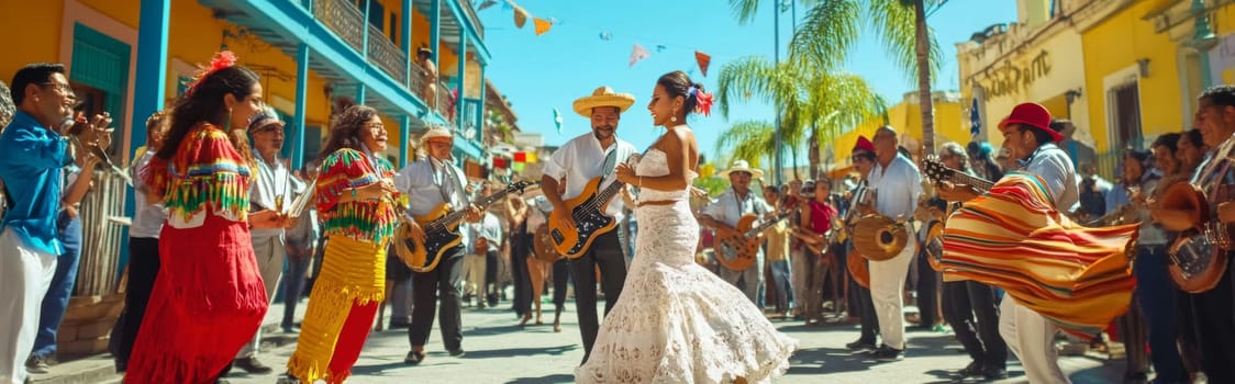 Festive street scene with smiling people in traditional Mexican clothing singing and dancing, AI generated