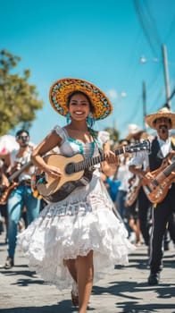 Festive street scene with smiling people in traditional Mexican clothing singing and dancing, AI generated