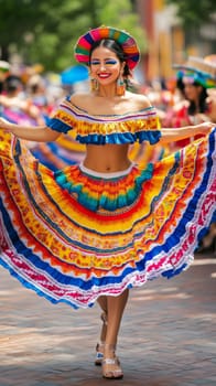 Woman in colorful traditional dress dancing at a latin american street festival, AI generated