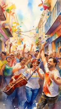 Colorful street latin american celebration with happy people dancing and playing musical instruments, AI Generated