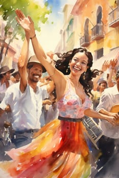 Colorful street latin american celebration with happy people dancing and playing musical instruments, AI Generated