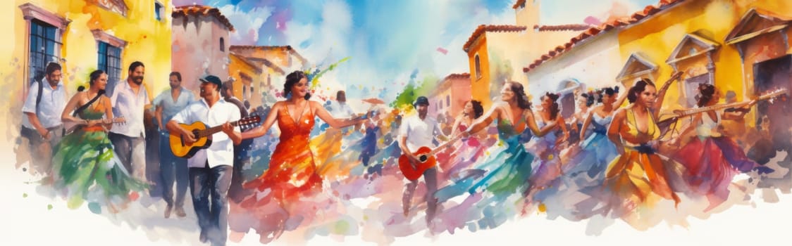 Colorful street latin american celebration with happy people dancing and playing musical instruments, AI Generated