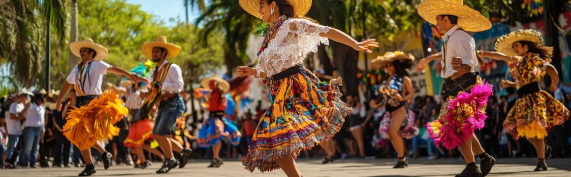 Woman in colorful traditional dress dancing at a latin american street festival, AI generated