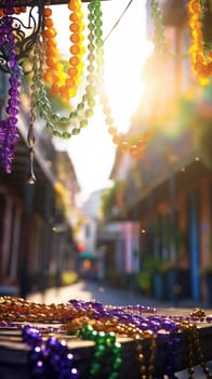 Confetti and Mardi Gras carnival decorations city street festival background. AI Generated content