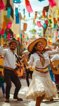 Festive street scene with smiling people in traditional Mexican clothing singing and dancing, AI generated