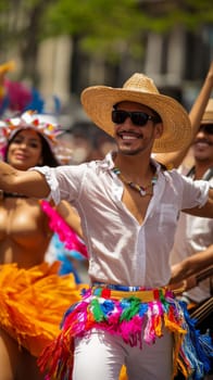 Festive street scene with smiling people in traditional Mexican clothing singing and dancing, AI generated