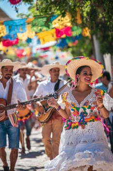 Festive street scene with smiling people in traditional Mexican clothing singing and dancing, AI generated