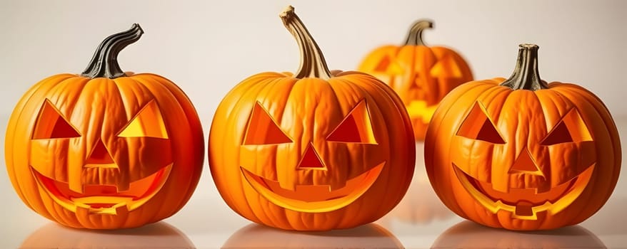 Three creatively carved pumpkins illuminate the festive atmosphere, showcasing smiling faces for the Halloween season. The warm glow enhances the joyful spirit of Halloween.