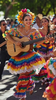 People in traditional Mexican clothing smiling and dancing outdoors, festive atmosphere, AI Generated