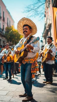 Festive street scene with smiling people in traditional Mexican clothing singing and dancing, AI generated