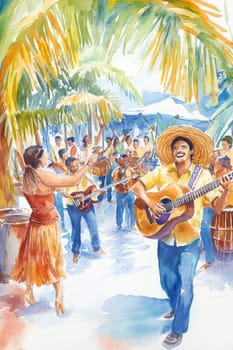 Colorful street latin american celebration with happy people dancing and playing musical instruments, AI Generated