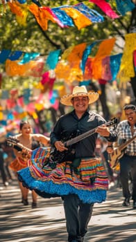 Festive street scene with smiling people in traditional Mexican clothing singing and dancing, AI generated