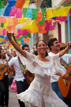 Festive street scene with smiling people in traditional Mexican clothing singing and dancing, AI generated