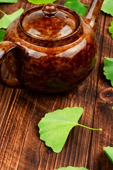 A cup of herbal tea, green Ginkgo biloba leaves. Top view.