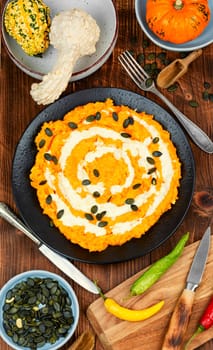 Autumn pumpkin risotto with parmesan cheese. Italian food. Top view