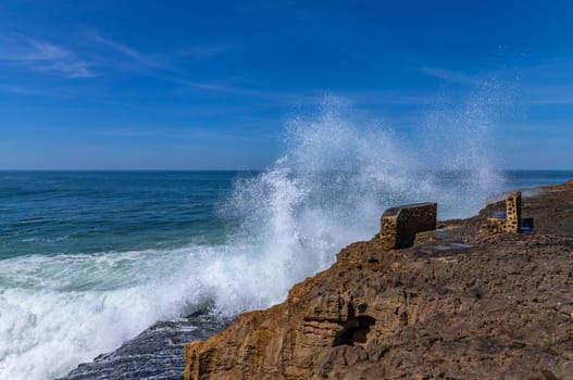 View of ocean waves and fantastic rocky coast in Ericeira, near Lisbon. Portugal