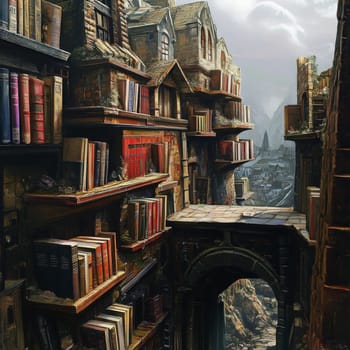 Surreal cityscape made of towering bookshelves and buildings, with winding paths and arches, overlooking a misty valley in the distance.