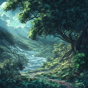 Enchanting river valley with lush greenery and a waterfall, bathed in soft, magical light through the trees.