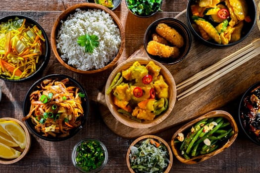 Composition with variety of east asian dishes.