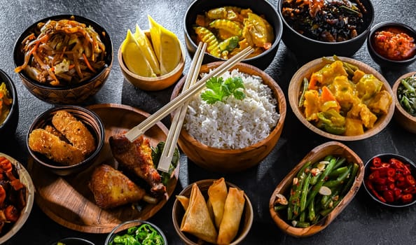 Composition with variety of east asian dishes.