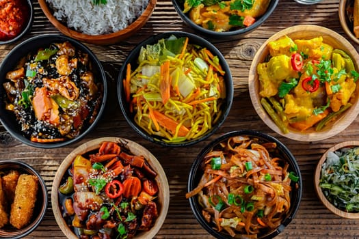 Composition with variety of east asian dishes.