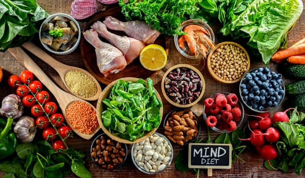 Food products representing the MIND diet created to reduce dementia and the decline in brain health. Mediterranean-DASH Intervention for Neurodegenerative Delay