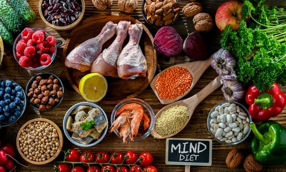 Food products representing the MIND diet created to reduce dementia and the decline in brain health. Mediterranean-DASH Intervention for Neurodegenerative Delay